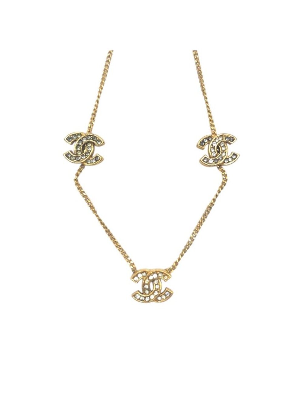 Chanel Vintage CC Logo Rhinestone Gold Metal Necklace